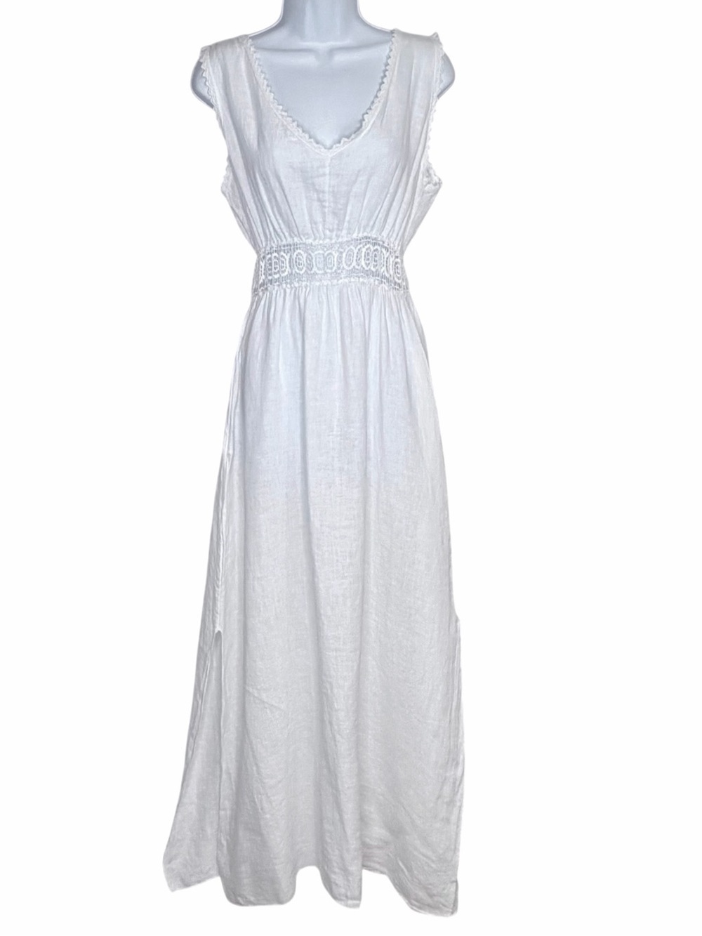 Terzo Millennio Linen Euro Summer Maxi Dress M White NWT Crochet Trim Coastal